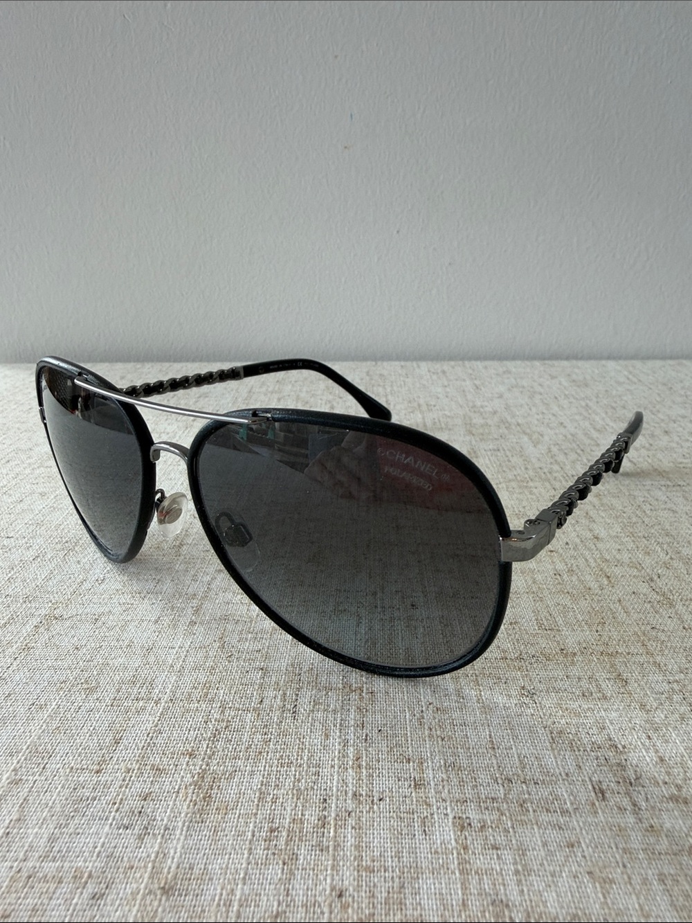 CHANEL - Black Leather CC Aviator Pilot Winter Sunglasses - 4219-Q